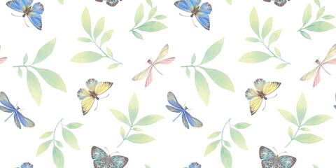 dragonfly butterflies and leaves in a seamless pattern, watercolor illustration, natural ornament, delicate pattern, abstract background, for design