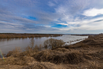early spring flood, high water in the countryside, river overflowing its banks, trees in the water, flooded banks, environmental pollution, ecology