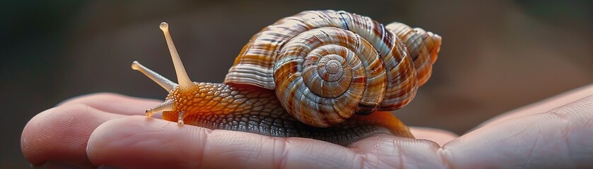 A tiny snail, shell glossy and body detailed, resting in the palm of a hand, showcasing the beauty of small creatures in stunning detail.