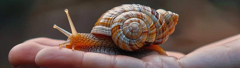 Poster A tiny snail, shell glossy and body detailed, resting in the palm of a hand, showcasing the beauty of small creatures in stunning detail. © Fokasu Art