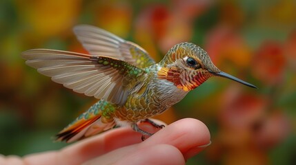 A tiny hummingbird, its wings a blur, perched on a finger's edge with lifelike precision feathers and beak.