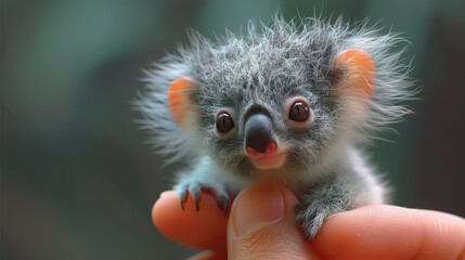 A tiny koala clings to a finger, fur textured, eyes expressive, rendered with lifelike precision.