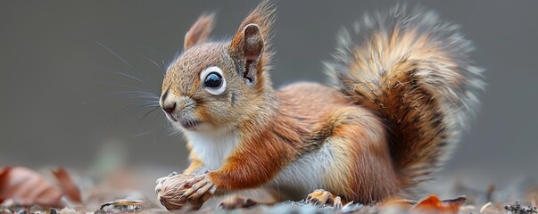 The cute squirrel, with a bushy tail and tiny nut, gazed up with bright eyes in hyper-realistic detail.