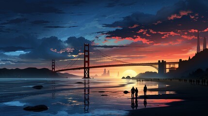 an image of a sunset and beach with the golden gate bridge and ocean, in the style of sky-blue and purple, panorama, sky-blue and crimson, time-lapse photography, alson skinner clark