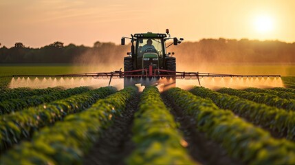  Tractor during spraying chemicals field. The tractor's diligent work ensures the health and vitality of the crops through precise chemical application. - obrazy, fototapety, plakaty