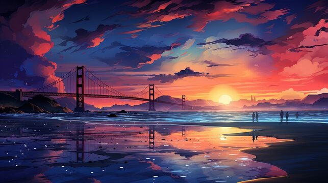 an image of a sunset and beach with the golden gate bridge and ocean, in the style of sky-blue and purple, panorama, sky-blue and crimson, time-lapse photography, alson skinner clark