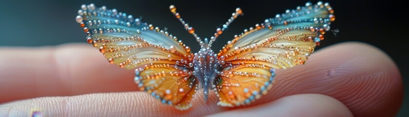 A dazzling butterfly rests on a fingertip, its intricate wing patterns captured hyper-realistically.