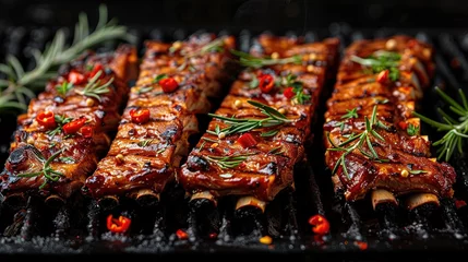 Fotobehang Closeup of pork ribs grilled with BBQ sauce and caramelized in honey. Tasty snack to beer © Vasiliy