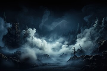 an image of black background with smoke, in the style of photo-realistic landscapes, mysterious backdrops, post-apocalyptic backdrops, light silver and light navy, vibrant stage backdrops, romantic mo - obrazy, fototapety, plakaty