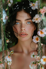 a beautiful model with dark hair and blue eyes on a floral swing, with blooms covering the ropes.