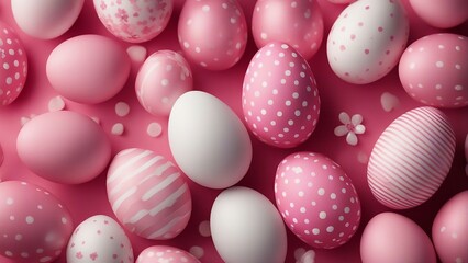 Fototapeta na wymiar easter eggs A pattern of pink and white Easter eggs over a pink background, the eggs are decorated with flowers, 