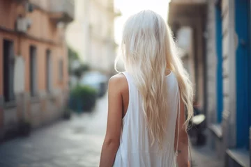 Foto op Canvas Young woman with long blond hair walking in the old town street. Caucasian woman walking through the streets of Europe. Travel concept. © John Martin