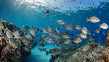 flock of fish in blue ocean water