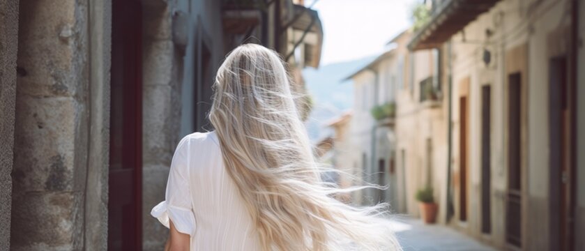 Fototapeta Blonde girl with long hair in the old town . Caucasian woman walking through the streets of Europe. Travel concept.