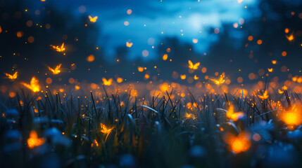 Dreamlike Fantasia of fireflies, Aurora Fantasy in twilight meadows - obrazy, fototapety, plakaty