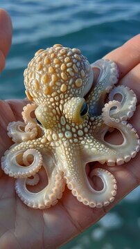 A small octopus, with curled tentacles and visible suction cups, rests in a palm against an ocean blue backdrop, depicted realistically.