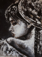 Profile oil portrait of a young girl in a hat. Graceful features and a sad look