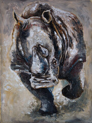 Illustration - a portrait of a rhinoceros. Painting of a massive rhino with a large horn.