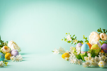 Spring Easter holiday blue background with eggs in basket and spring flowers. Greeting card...