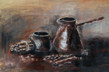 An oil painting of a Turk with a cup in brown tones