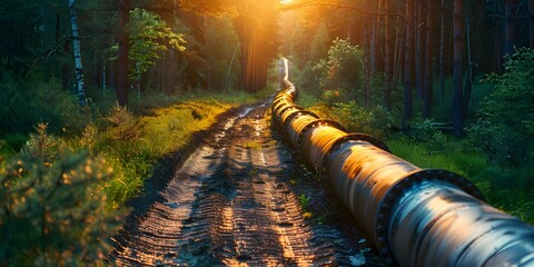 A snapshot of an oil and gas pipeline in action. Concept Oil and Gas Pipeline, Industrial Infrastructure, Energy Transportation, Engineering Technology, Fossil Fuel Industry - obrazy, fototapety, plakaty