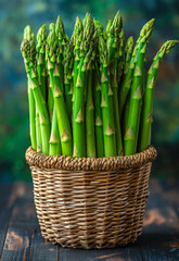 Illustration, green fresh asparagus, a very healthy food, on a dark background.