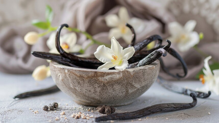 gousses de vanille séchées dans un pot en terre cuite, fleurs de vanille à l'arrière plan - obrazy, fototapety, plakaty