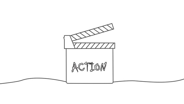 Continuous line of Action Clap or Clapper Cinema Board Drawing Line animation in white background. Simple creative outline of film clipboard. Cinematography and production concept 
