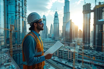 Poster architecture construction skyscraper , neom saudi arabia, engineer at work, construction workers at construction site, UAE, Dubai © fadi