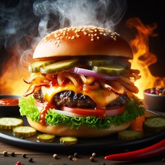 hamburger on a black background with smoke and fire