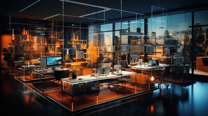 an office area is shown with open glass and blue equipment, in the style of bokeh panorama, dark azure and orange, 32k uhd, neo-academism, innovative page design, glazed surfaces, soft atmospheric sce - obrazy, fototapety, plakaty