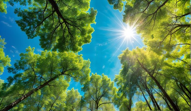 Looking up Green forest. Trees with green Leaves, blue sky and sun light. Bottom view	