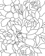 Flowers background. Coloring page, black and white vector illustration.