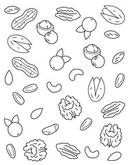 Nuts, seeds, berries. Pattern. Coloring page, black and white vector illustration.