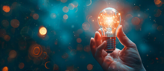 hand holding turned on light bulb with futuristic background. Innovation and artificial intelligence concept