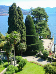 Beautiful view of the garden and lake on a summer day. Isola Bella. Italy.