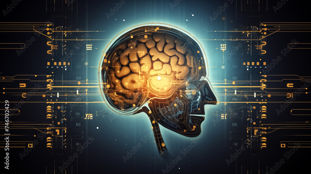 Poster a conceptual image of a human head silhouette with a brain interface, integrating advanced technolog