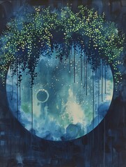 Blue Moon Over Trees and Stars. Printable Wall Art.