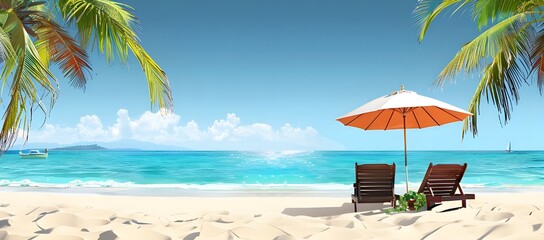 Naklejka premium Lounge Chairs and Umbrella on a Tropical Beach