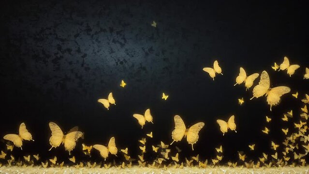 A cascade of golden butterflies ascending on a dark background with a grunge texture.