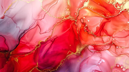 Vibrant alcohol ink painting with flowing red, pink, and gold tones creating an elegant abstract background.
