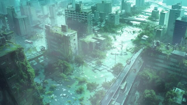 urban infrastructure submerged in floodwaters, Seamless looping 4k video background animation