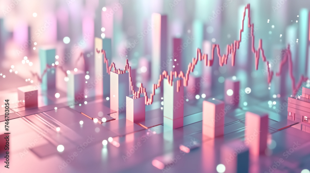 Poster abstract 3d illustration of a stock market graph with fluctuating bars and lines in a futuristic vir