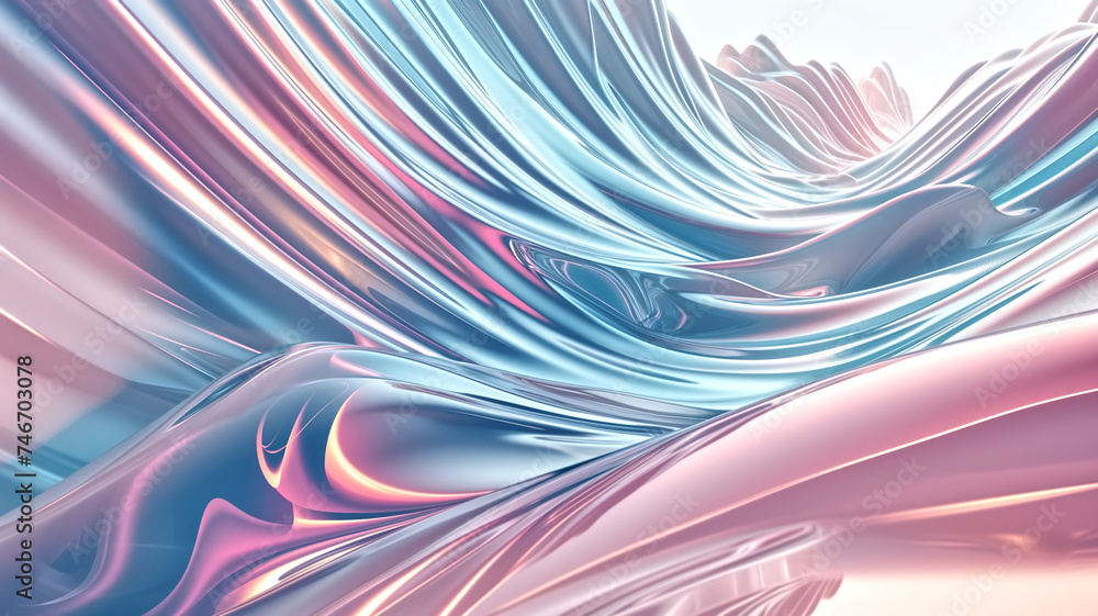 Poster an abstract digital art piece with smooth flowing waves in shades of blue and pink, creating a seren