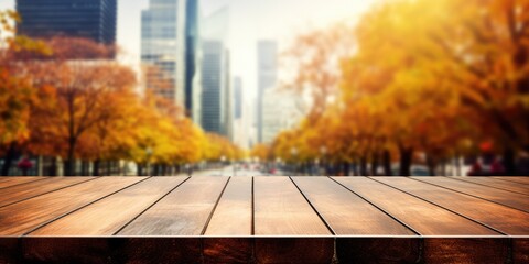 The empty wooden table top with blur background of business district and office building in autumn. Exuberant image. generative ai - obrazy, fototapety, plakaty
