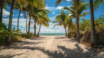 Fototapeta na wymiar Tropical getaway: Palms and beach scene, capturing the essence of a serene tropical paradise with palm trees lining the sandy shore.
