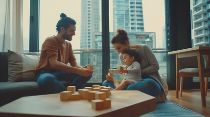 Carefree couple relaxing on sofa, little daughter play wooden cubes seated at table on floor, family spend pastime in modern apartment in skyscraper building. Leisure, new home, bank loan, tenancy - obrazy, fototapety, plakaty