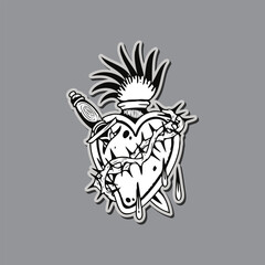 Black and white old school sacred heart of Jesus tattoo. religious tattoo, sacred heart with crown of thorn pierced by a sword.