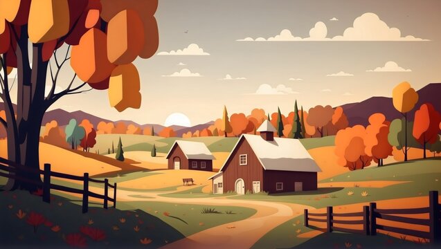 Autumn landscape with a farm, colorful trees and a brown cottages  in the countryside, hills and forest background