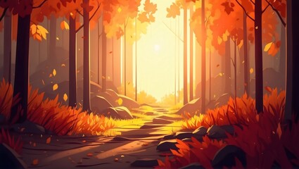 Sunshine in the middle autumn forest with orange leaves falling, creating a bright and vibrant atmosphere